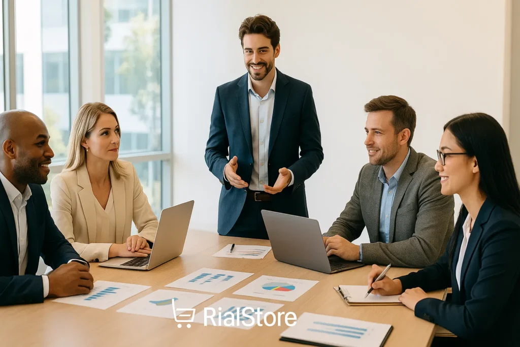 Create an image of a business meeting in a modern office with bright lighting.
