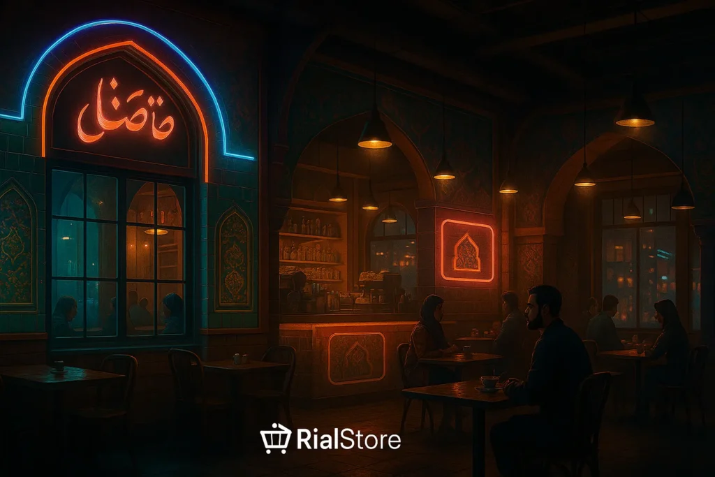 A futuristic Persian cafe with neon lights, cinematic lighting, ultra realistic